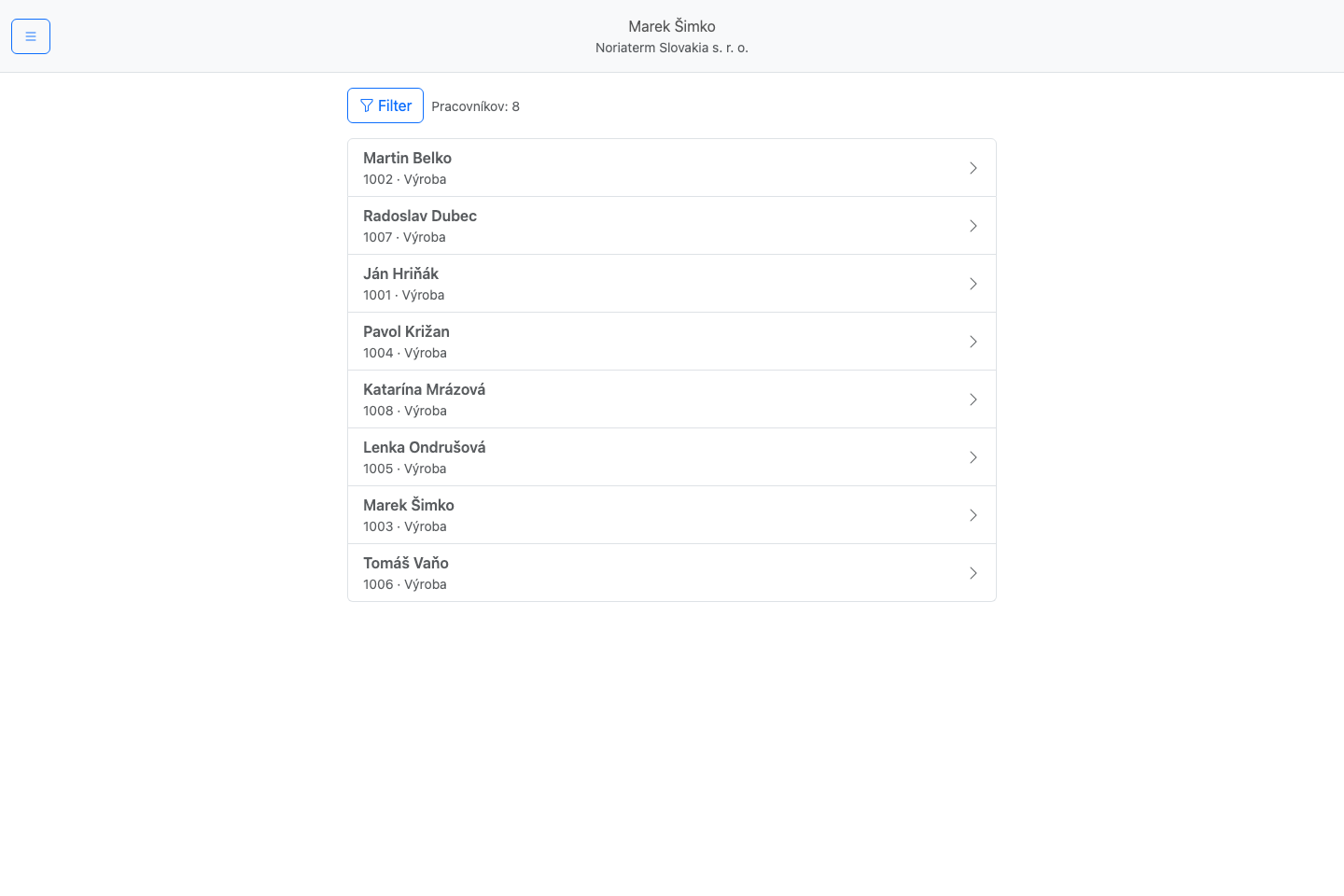 Zoznam pracovníkov oddelenia Výroba s osobnými číslami